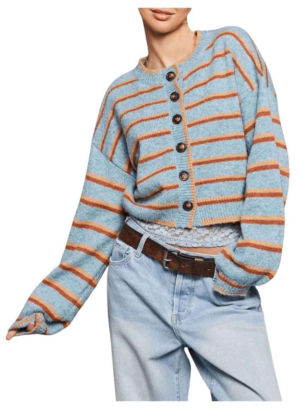 Women's Striped Button Cardigan Sweater Knit Long Sleeve Going Out Crop